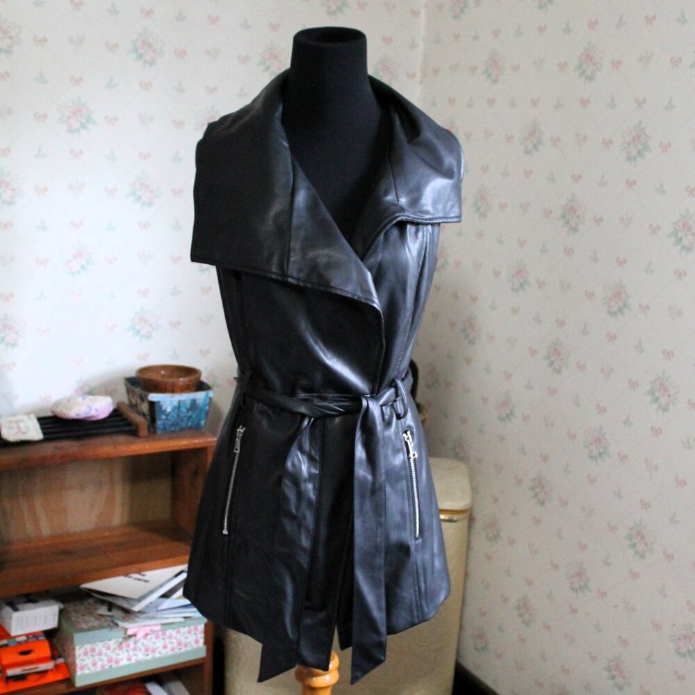 BEBE Black Pleather Belted Vest, XS